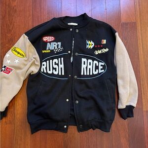 ASOS Black Wool Varsity Jacket with Beige Sleeves and Racing Patches